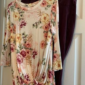 Floral shirt and purple pant combo.